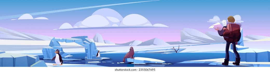 Man hiker in north - cartoon vector background. Tourist with large backpack stands on snow and frozen ice covered landscape next to penguins and sea lion. Wildlife researcher meets northern animals