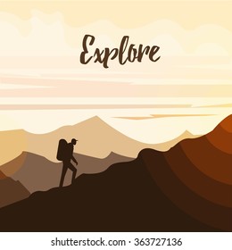 Man hiker on a top of a mountain. Minimal flat vector graphics for web site, advertisement, printed material, banner or flier. Explore and adventure concept. Retro hipster poster
