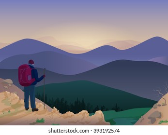 Man hiker on top of a mountain watching wonderful nature scenery. Vector illustration. 