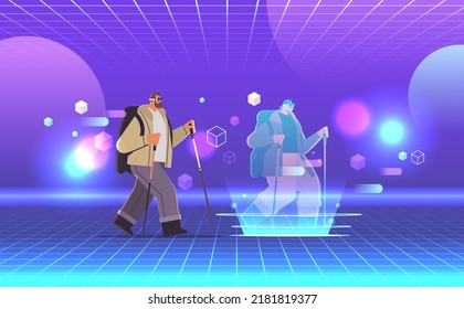 man hiker wear digital glasses looking at virtual girl with backpack and sticks vr vision headset innovation concept horizontal full length vector illustration