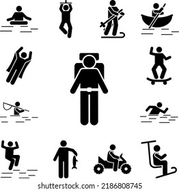 Man hiking adventure icon in a collection with other items