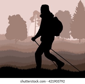 Man hiking adventure nordic walking with poles in nature vector background illustration landscape