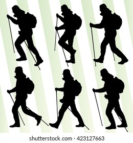 Man hiking adventure nordic walking with poles vector illustration set