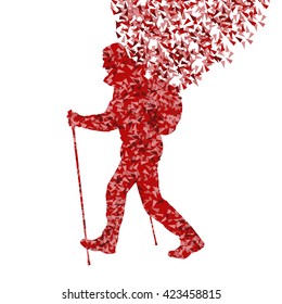 Man hiking adventure nordic walking with poles vector red illustration concept made of triangular fragments