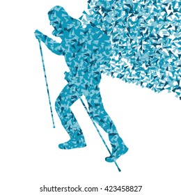 Man hiking adventure nordic walking with poles vector blue illustration concept made of triangular fragments