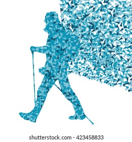 Man hiking adventure nordic walking with poles vector blue illustration concept made of triangular fragments