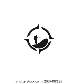 man hiking with arrow compass adventure logo symbol icon vector graphic design illustration idea creative 