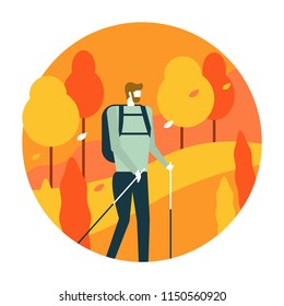 Man hiking in Autumn forest. Autumn scenery and activity. flat icon design. illustration vector