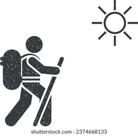 Man hiking backpack adventure icon vector illustration in stamp style