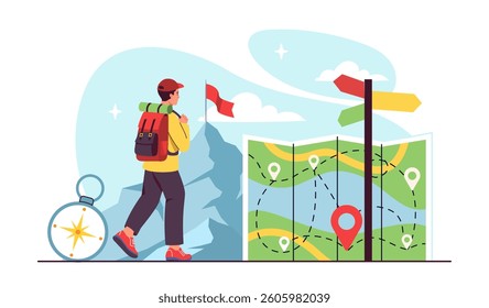 Man hiking with backpack and compass, standing near a map with location markers and colorful signpost, on a light abstract mountain background. Concept of outdoor navigation. Vector illustration