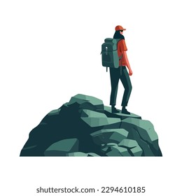 Man hiking with backpack conquer mountain peak icon isolated
