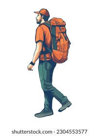 Man hiking with backpack icon isolated