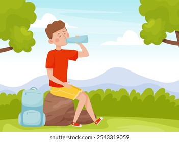 Man Hiking with Backpack Sit on Stone Drink Water Enjoy Vacation Vector Illustration