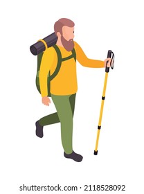 Man hiking with backpack and walking pole isometric icon 3d vector illustration