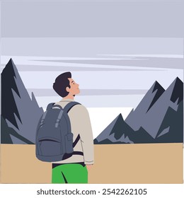  Man hiking, Backpacker Person standing and looking at majestic mountain landscape view