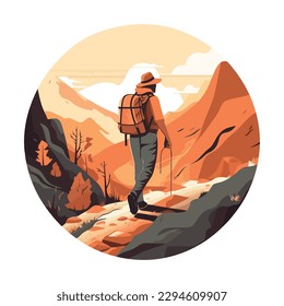 Man hiking backpacks through mountain forest landscape icon