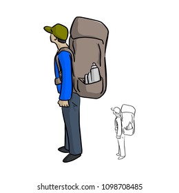 man hiking with big backpack vector illustration sketch doodle hand drawn with black lines isolated on white background