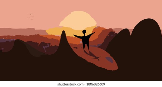 Man Hiking and camping at the top of mountain at Sunset