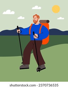 man hiking colorful flat vector illustration