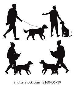 Man hiking with dog silhouettes premium vector