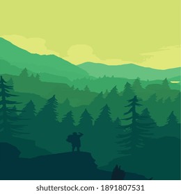 man hiking in green forest vector