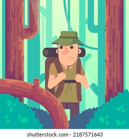 Man Hiking In The Green Forest With Worry Face Flat Design Vector Illustration