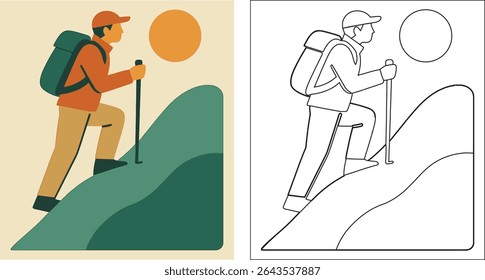 A man hiking up a hill with a backpack and a walking stick under a sun in a simple illustration