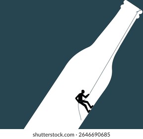 A man hiking to inside alcohol bottle to reach the top, illustration about trying to get rid of alcohol addiction