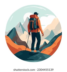 Man hiking mountain with backpack icon isolated