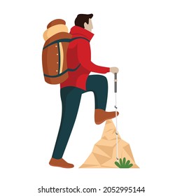 A man hiking the mountain. A man carrying a backpack, and holding a trekking pole. Adventurer and explorer illustration.