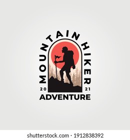 man hiking mountain logo vector vintage adventure expedition illustration design