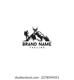 a man hiking mountain peak logo with animals, white background. adventure hikers logo design template