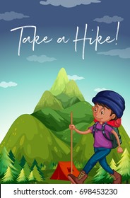 Hombre haciendo senderismo por la montaña con frases, tomen una ilustración