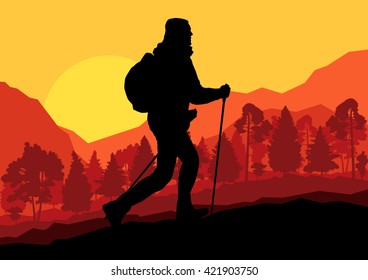 Man hiking in mountains adventure nordic walking with poles in nature vector background illustration landscape