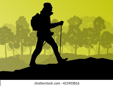 Man hiking in mountains adventure nordic walking with poles in nature vector background illustration landscape