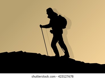 Man hiking in mountains adventure nordic walking with poles in nature vector background illustration landscape