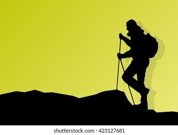 Man hiking in mountains adventure nordic walking with poles in nature vector background illustration landscape