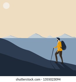 man hiking at mountains alone with backpack, traveler hiking in the mountains, man with hiking equipment walking in the mountain, backpacker adventure traveler concept. Vector illustration flat design