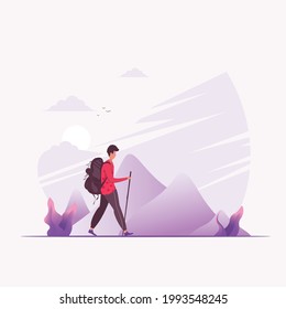 Hombre haciendo senderismo en las montañas con mochila. Paisaje montañoso. Montaña de aventura. turismo de montaña. ilustración de trekking.