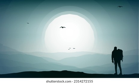 a Man hiking in the mountains with backpack, person with backpack for hiking silhouette vector, silhouette of a person in the mountains