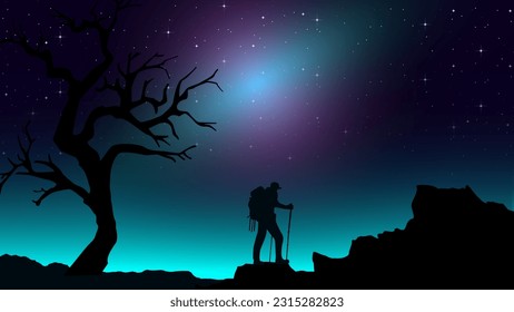 A Man hiking in the mountains with backpack. Purple night sky HD wallpaper. starry night sky. Adventurous man hiker. Traveler with walking sticks. hiking silhouette vector.