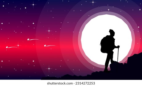 a Man hiking in the mountains with backpack, silhouette of a person in the mountains, person with backpack for hiking silhouette vector
