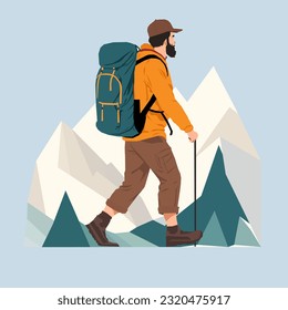 Man hiking in mountains with equipment. Vector illustration.