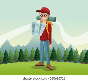 man hiking nature excursion backpack glasses map landscape background