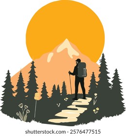 Man Hiking in Nature with a Mountain During Sunset