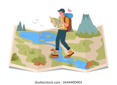 Man hiking on map. Male tourist walking on wild nature terrain map, hiking route and destination flat vector illustration. Cartoon backpacker trekking on map