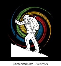 A man hiking on the mountain designed on spin wheel background graphic vector