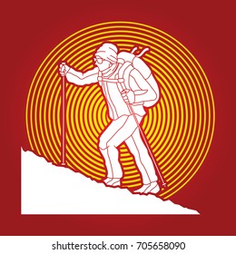 A man hiking on the mountain designed on sunlight background graphic vector