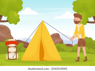 Man Hiking Put Up Tent in Forest Enjoy Vacation Vector Illustration