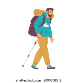 Man hiking with stick and backpack, flat vector illustration isolated on white background. Tourist or hiker male character traveling across country or in forest.